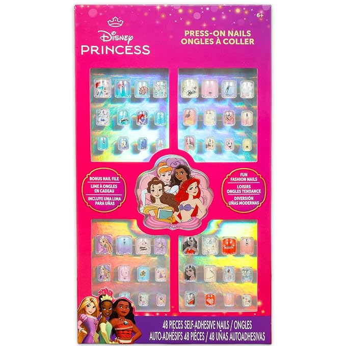 Disney Princess Press-On Nails for Kids - Bundle with 48 Stick-On Nails Featuring Ariel, Moana, Belle, Rapunzel Plus Stickers, More | Disney Princess Manicure Kit for Girls