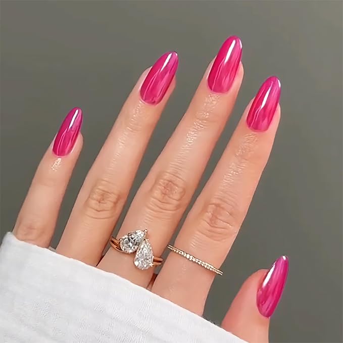 Chrome Press On Nails Almond, Glazed Hot Pink Round Glue on Nails Medium Press Ons, Acrylic Natural Fit Stick on Nails in 12 Sizes - 24Pcs Fake Nail Kit for Women Daily Party Wear