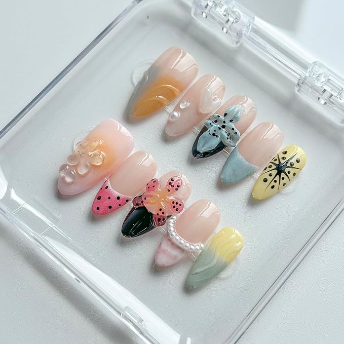 Luxury Press on Nails Medium Almond Handmade 3D Unique Reusable ABS Material Fake Nails French Tip False Nails with Designs Pearls Flower Water Ripple Glossy Glue on Nail Thick Acrylic Nail(S)
