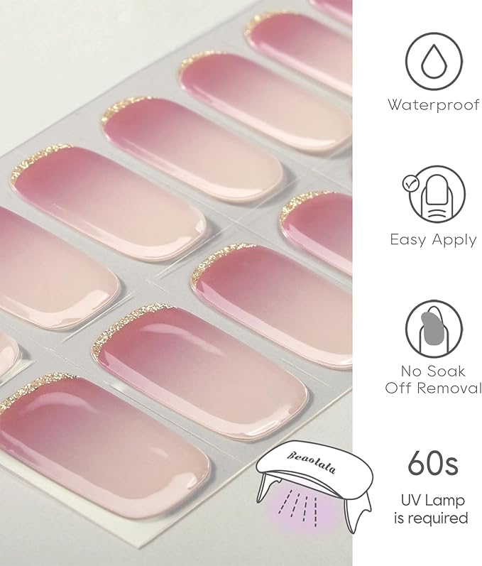 Semi Cured Gel Nail Strips - UV Light Gel Nail Stickers - 20 Long Lasting Salon Quality Wraps (Enigmatic Pink Glint)