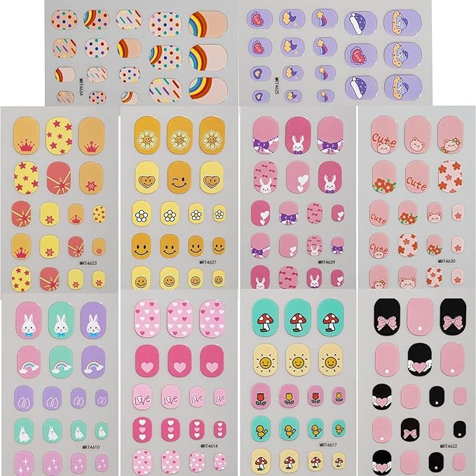 10Sheets Colorful Kid Nail Stickers Full Nail Wraps for Kids Girls Self Adhesive Nails Strips for Nail Art Decoration Fun Including Rainbow Heart Rabbit Flower Fruit Moon Sun for Age 7 and Older…