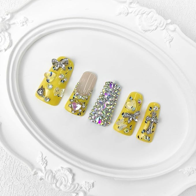 2025 Duck Nails Handmade PMMA Acrylic Medium Square Fake Nails with Rhinestones Love Star Design Reusable Full Coverage Duck Ladies Fake Nail (Yellow, L)