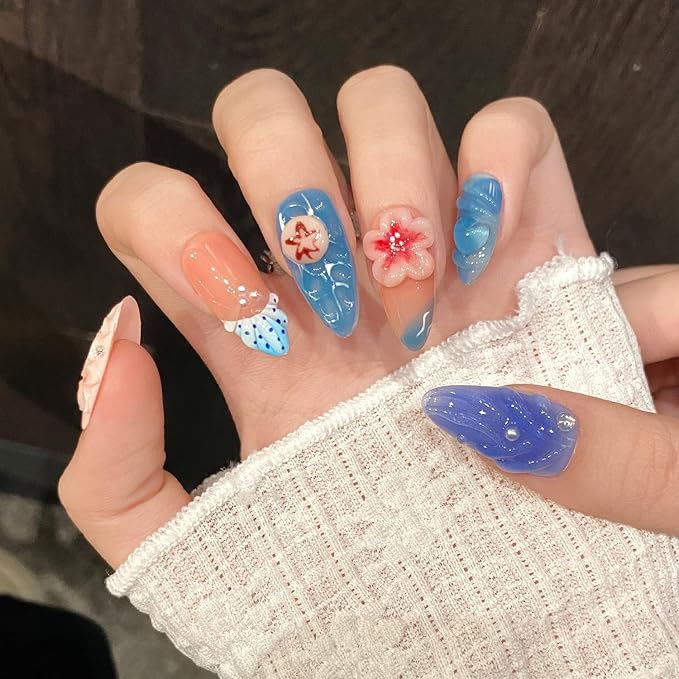 Summer Press on Nails Medium Almond Flower Fake Nails Muti-Layer Gel False Nail with 3D Jellyfish Starfish Design Glitter Handmade Press on Nails Stars Pearl Embossed Acrylic Nail for Women (Size S)