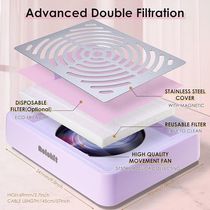 Nail Dust Collector with Lamp&50pcs Disposable Filter&Dusting Brush, Electric Nail Vacuum Cleaner Dust Fan Suction Machine for Manicure Acrylic Gel Nails Polishing, Low Noise, Salon Home (Purple)