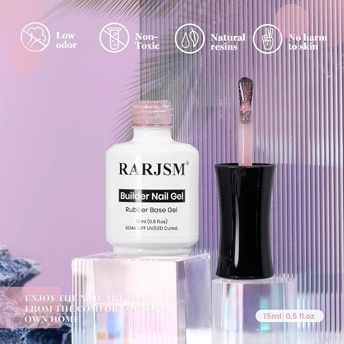 RARJSM Nude Baby Pink Rainbow Glitter Rubber Base Coat Gel Nail Polish Natural Skin Tone Iridescent Shimmer Brush on Extend Jelly Gelpolish Soak Off Curing Requires 15ml Salon Home French Manicure