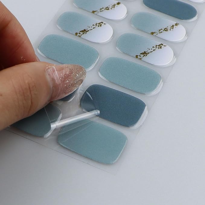 JMEOWIO Gel Nail Stickers Gold Glitter Gradient Blue Semi Cured Gel Nail Strips Wraps UV/LED Nails Art Design Decoration Accessories