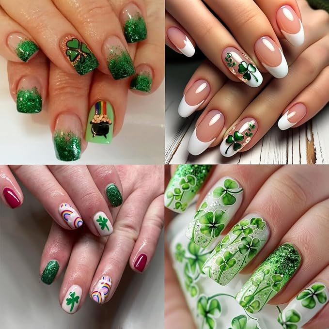 St. Patrick's Day Nail Stickers for Nail Art Lucky Shamrock Nail Art Stickers 3D Self Adhesive Green Four Leaf Clover Nail Decals Spring Summer Cute Nail Design Supplies for Women Manicure 8Sheets