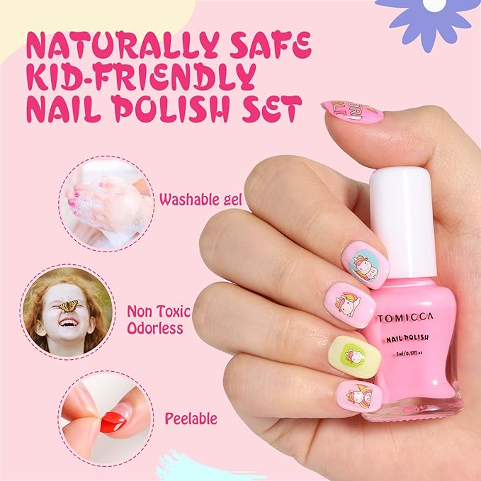 TOMICCA Kids Nail Polish Set - 12 Candy Rainbow Colors Non Toxic Water Based Odorless Peel Off Quick Dry Natural Safe for Toddler Parties & Birthday Girls (Ages 3+)