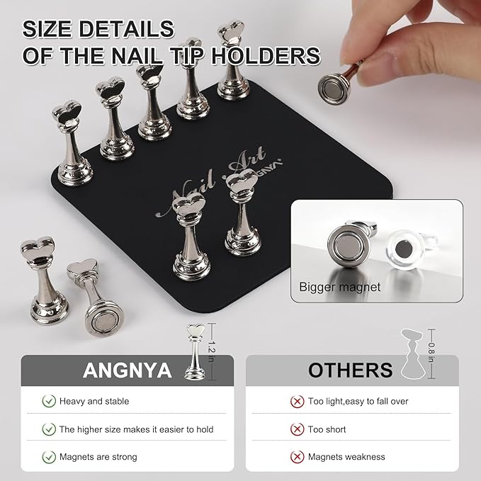 ANGNYA Nail Stand for Press Ons,Square Shape Super Magnetic Base Nail Holder for Painting Nails with 200 Pcs Reusable Double-Sided Tape for Nails Practice Nail Tools Home DIY Salon Supplies
