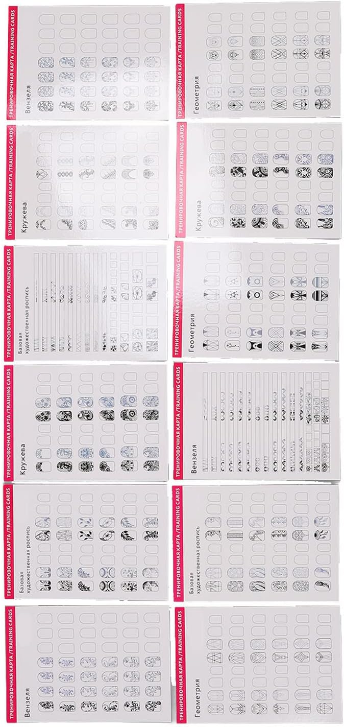 Dioche Nail Art Training Cards Practice Lines Drawing Painting Template, Nail Training Mat Stereograph, Washable Reusable Multi Nail Shapes 12 Modes Nail Art Practice Sheet for Nail