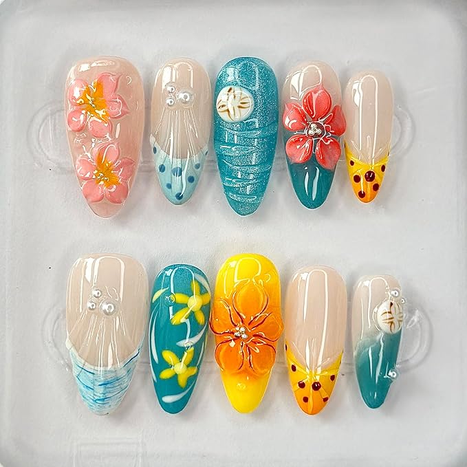 Luxury Press on Nails Medium Almond French Tip Handmade 3D Unique Reusable ABS Material Fake Nails Beach False Nails with Designs Summer Floral Art Petal Glossy Glue on Nails Thick Acrylic Nails(S)