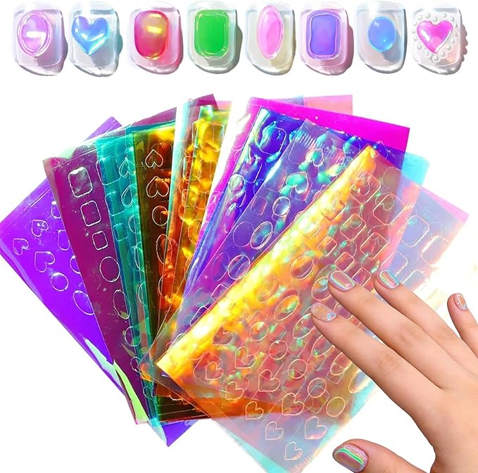 DANNEASY 11 Sheets Aurora Nail Foil Laser Stickers Foil Laser Nails Art Stickers Glass Paper Nail Art Sticker Iridescent Decals Glass Paper Nails Wraps 3D Holographic Foils for Women Girls