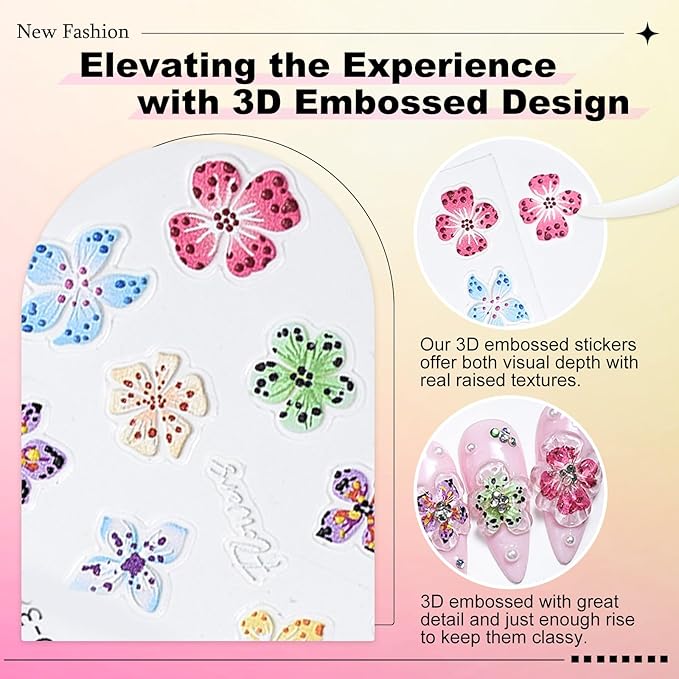 Flower Nail Stickers for Nail Art - 5D Embossed Hibiscus Nail Decals, 3 Sheets Self-Adhesive Pink White Lily Hibiscus Tropical Floral Summer Spring Flower Nail Designs Decor for Women Girls 807-11