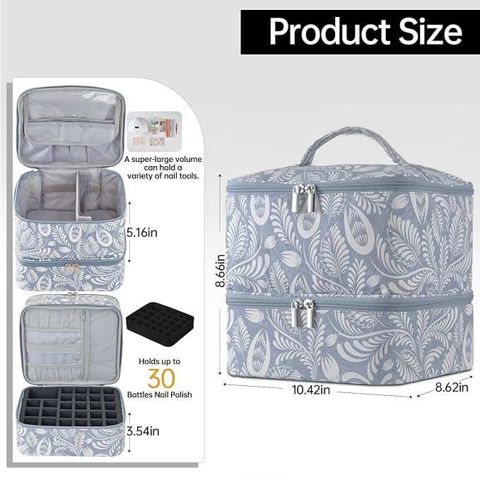 Buruis Double-Layer Nail Polish Organizer Bag, Holds 27 Bottles (15ML/0.5 FL.OZ or Larger), Nail Tools & Dryer Storage Case with Adjustable Dividers (Light Blue Leaf)