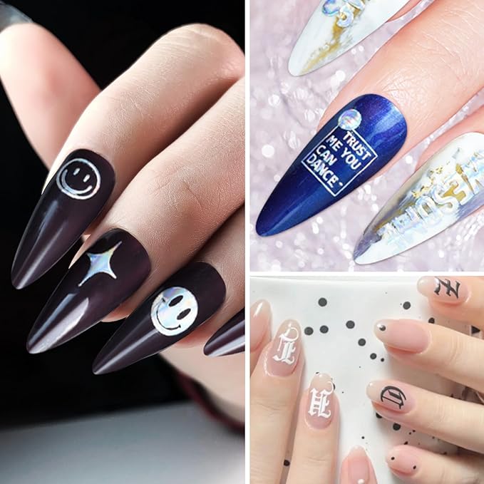 12 Sheets Aurora Nail Art Stickers Star Smiling Face Love Heart Nail Decals Self-Adhesive Pegatinas Uñas Glitter Holographic Nail Sticker for Women Girls Nail Art Design Decor Accessories 807-12