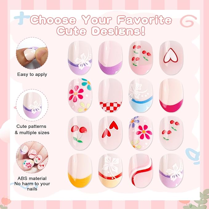 SIUSIO 3Pack Children Acrylic Fake Nails, 72pcs Press on Full Cover Cherry French Tips Short Almond False Nail Art Kits Set with Sticker Tabs Nail Glue Gel for Kids Little Girls Women - Floral Cherry