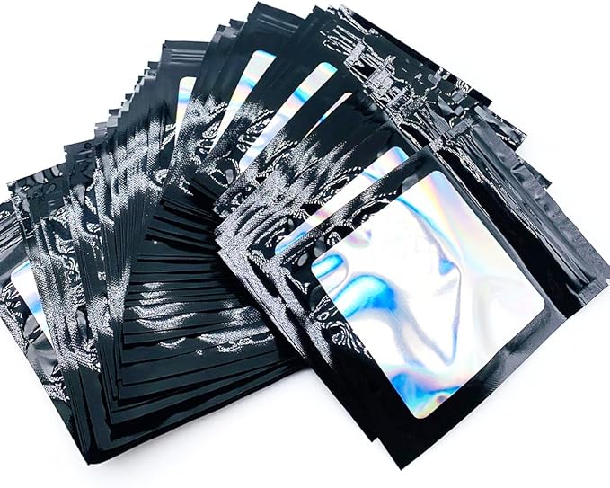 100Pcs Empty Holographic Nail Storage Bag Press on Nail Packaging Bag and 100Pcs Display Black Cardboard with 7 Sheets Pre-cut Nail Tape for Nails Display