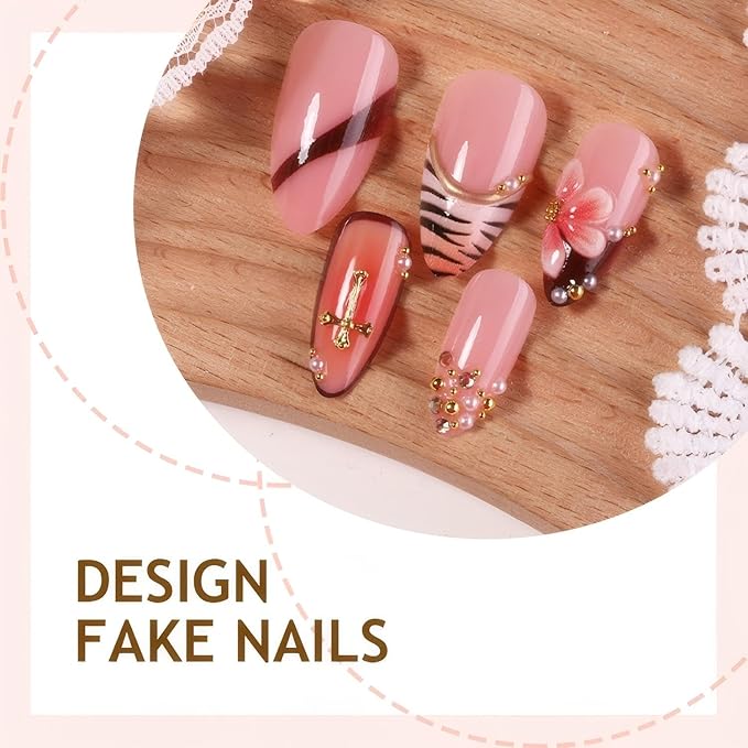 Medium Press on Nails Almond Fake Nail with 3D Flowers Designs False Nails Press Ons Gift for Women 24pcs