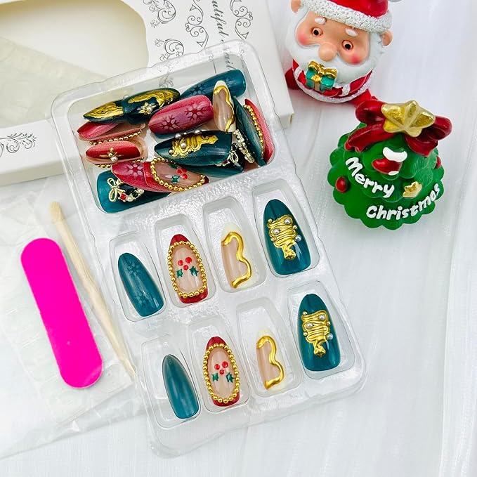 24pcs Christmas Press on Nails Medium Almond Fake Nails Winter Snowflake Full Cover False Nails with 3d Pearl Rhinestones Designs Xmas Tree Wreath Star Glue on Nails for Women Nail Decoration Supplies