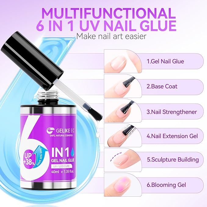 Gelike EC Professional Bulk Nail Glue: 40ml Salon Size Gel Nail Glue - 5X More Value for Press On Nails Acrylic & Nail Tips - Strong & Quick Dry UV Gel Adhesive for Nail Artists & Small Businesses