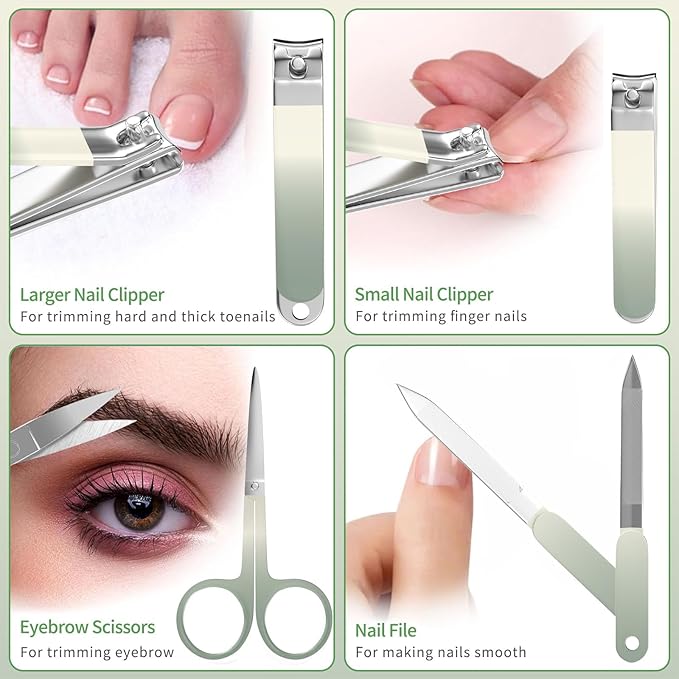 Manicure Set 10 in 1 Stainless Steel Nail Clippers Scissors Tweezers Grooming Kit with Travel Case (Green)