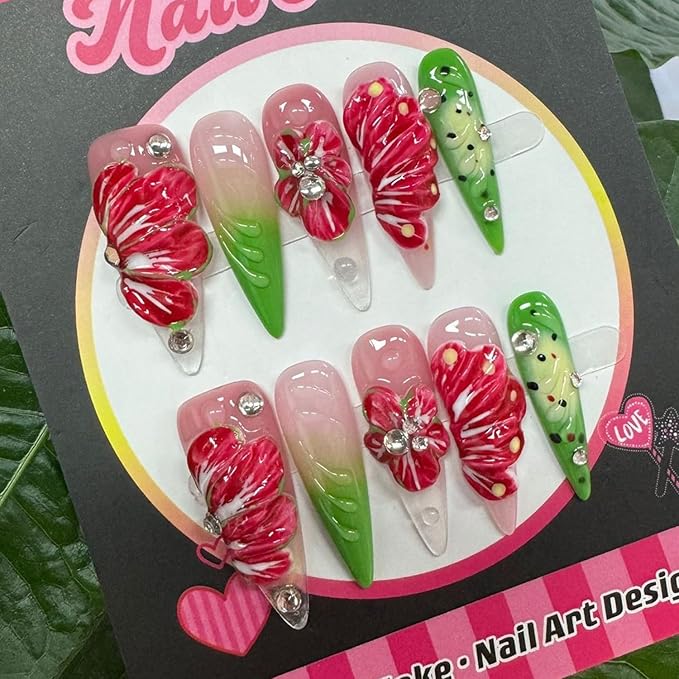 Luxury Press on Nails Long Stiletto Handmade 3D Unique Reusable ABS Material Fake Nails False Nails with Designs Red Floral Rhinestones Glossy Glue on Nail Thick Acrylic Nail(S)