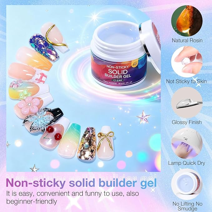 All-in-One Solid Builder Nail Gel Kit: 60g Hard Gel with 3D Mold, 6-Color Powders & Nail Art Tools (Nail File, Cuticle Pusher, Pen), Non-Sticky for Nail Extension, DIY Salon, UV/LED Cured