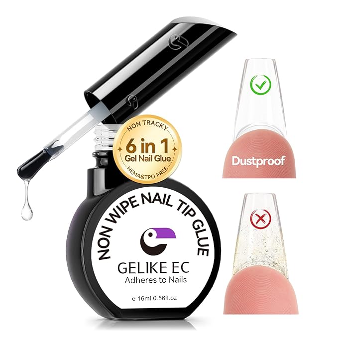 Gelike ec Gel Nail Glue for Women: UV Nail Glue Gel 6 in 1 Hema Free for Clear Acrylic Nails Tips - New Formula 12 Toxin-Free Super Strong DIY Home Salon Use 16ml