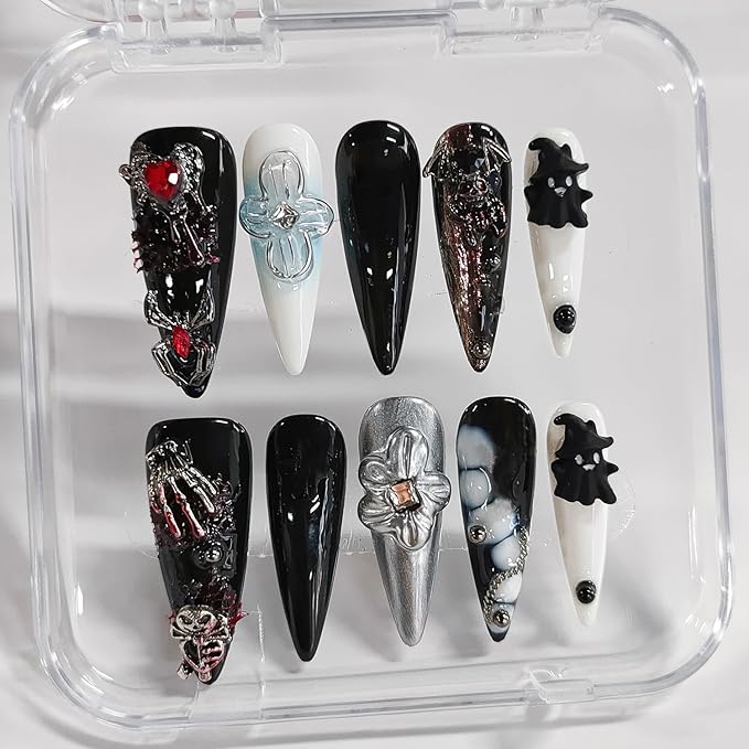 Halloween Press on Nails Long Almond 3D Floral Handmade Nails Thick Acrylic Fake Nails Gothic Black&White False Nails with Spider Heart Ghost Designs Sturdy Nail Art Press on Nails 10Pcs(S)
