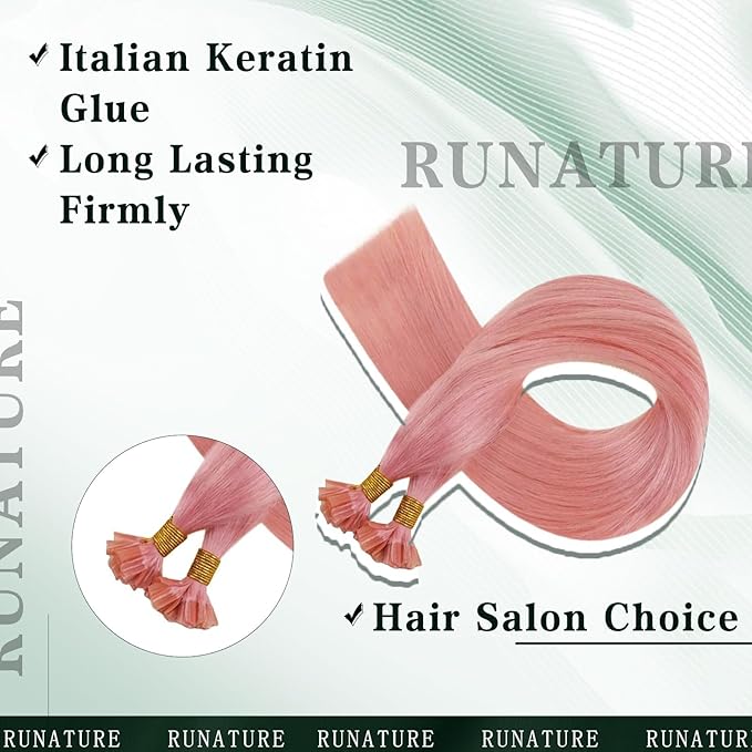 RUNATURE Pink Hair Extensions U Tip Human Hair Extensions for Highlight Party Cosplay 20 Inch Invisible Pink Extensions Hair Hot Fusion K Tip Extensions Long Lasting 25g 25s