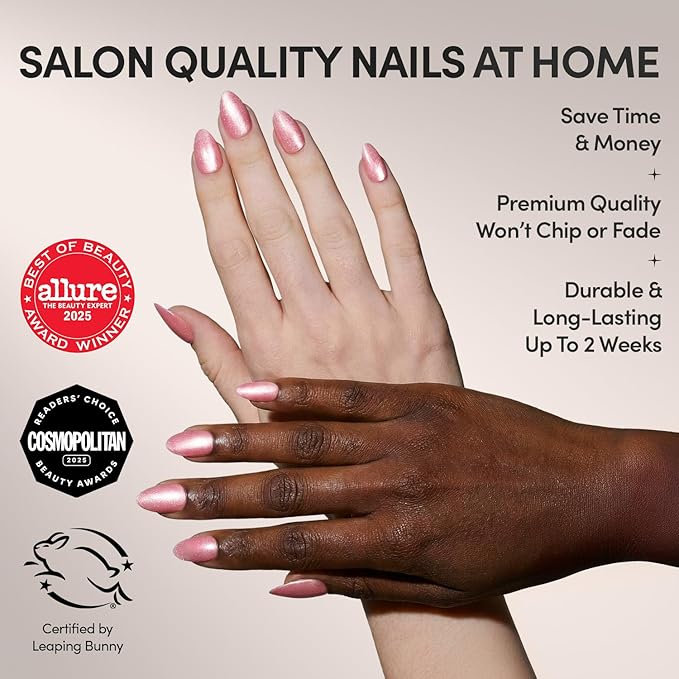Valentines Day Glamnetic Press On Nails - Shine For You | Short Almond Fake Nails in Pink Velvet Base with Silver Tips in a Velvet Finish, Salon Quality | 15 Sizes - 30 Nail Kit with Glue
