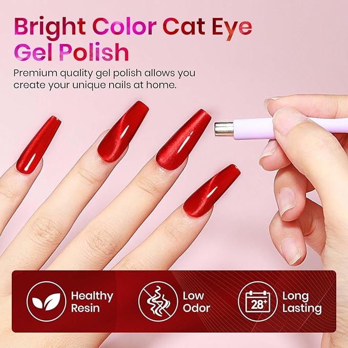 MIZHSE Moonlight Cat Eye Gel Nail Polish, 12mL Rose Red Smoothie Cateye Gel Nail Polish Silky Glitter Magnetic Soak Off U V LED Nail Gel Polish for Home Manicure Nail Art