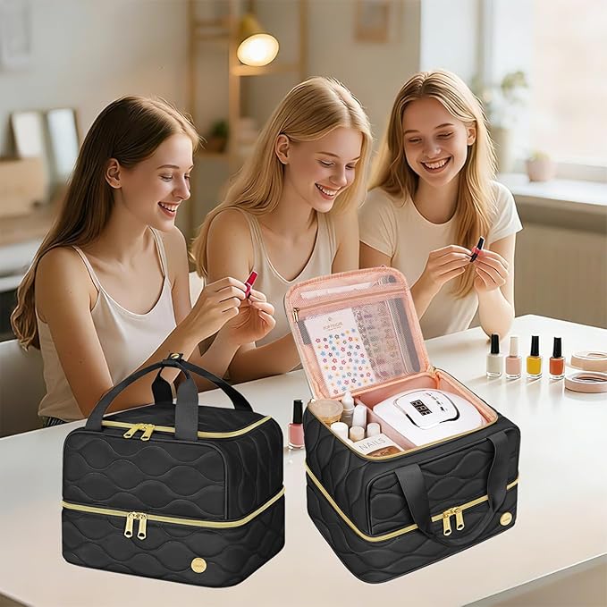 YOREPEK Nail Polish Organizer Holds 42+ Bottles (15ml/0.5 fl.oz), 2-Layer Nail Travel Case with Compartments for Nail Stuff, Nail Tech Organizers and Storage for Supplies, Gifts for Manicurist, Black