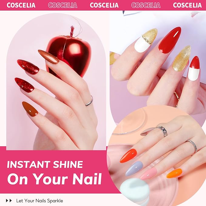 Coscelia 73pc Gel Nail Polish Kit with U V light, 60 Bottles Gel Nail Polish Soak off Top Base Coat Spring Colors Enchantment Collection Glitter Nail Rhinestones Gel Manicure Kit Valentines Day Gifts
