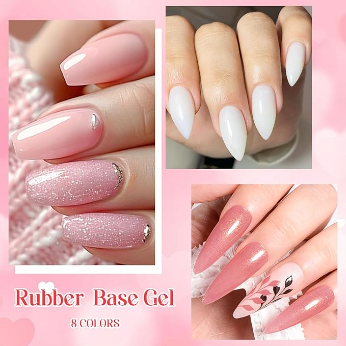 MEET ACROSS Rubber Base Gel Set 12 Pcs, 8 Colors Jelly Builder Base Nail Gel Nude Sheer White Pink Shimmer, 2-in-1 Soak Off Base Gel Nail Strengthener