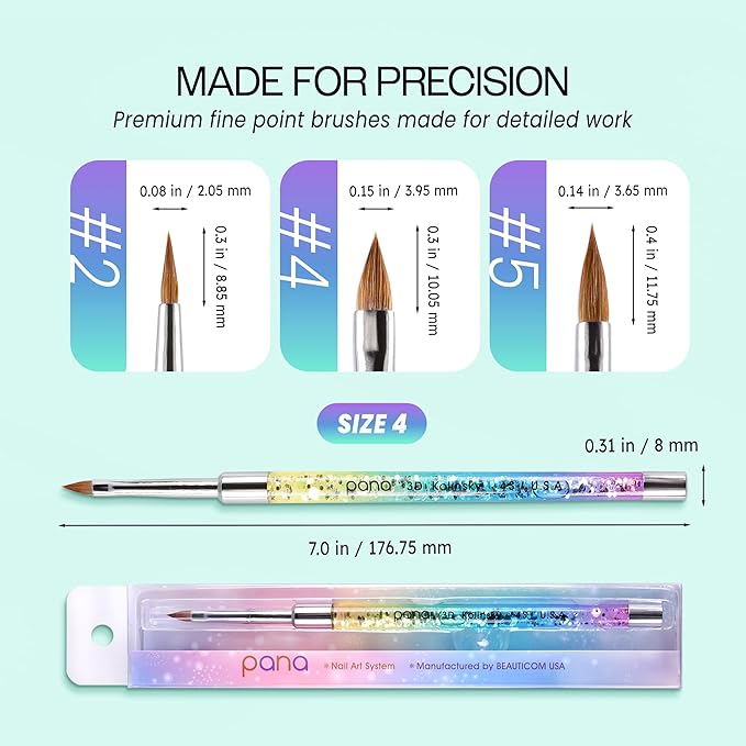 PANA 3D Kolinsky Nail Art Brush - Rainbow Glitter Handle, Size 4 - Acrylic Nail Art Sculpture Brush for Manicures Pedicure Salon Professional or Beginner
