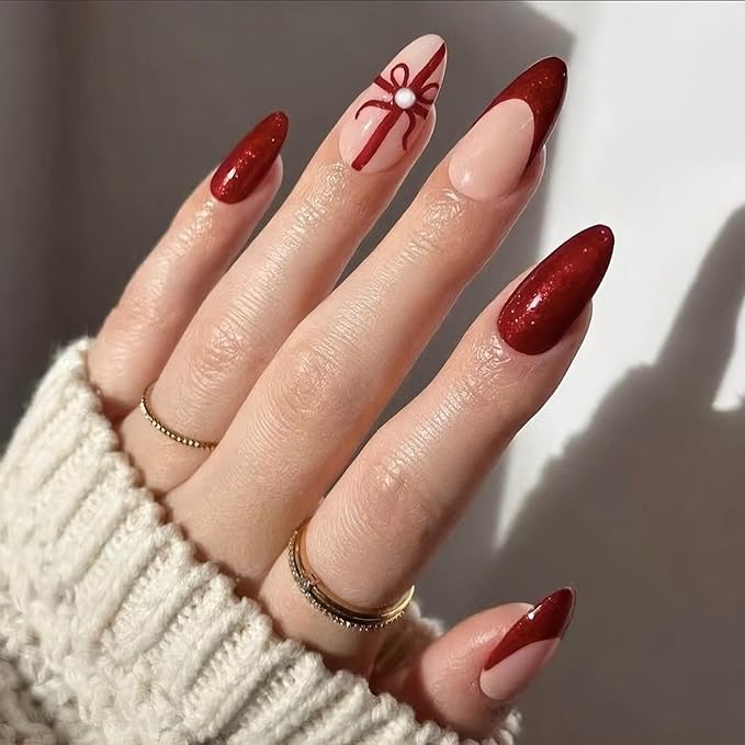 24pcs Red French Tip with Bow Medium Almond Press On Nails, Reusable Nail Kit with Adhesive Tabs, 11 Sizes (Red Bow)