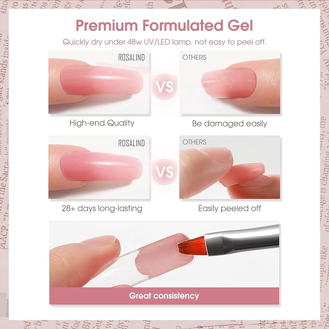 ROSALIND Clear Rose Pink Acrylic Poly Extension Gel, 2 PCS 60ml Clear Rose Poly Nail Gel Set, Builder Pink Gel Nail Thickening Poly Nail Gel Tube Easy to DIY Use Need UV Lamp