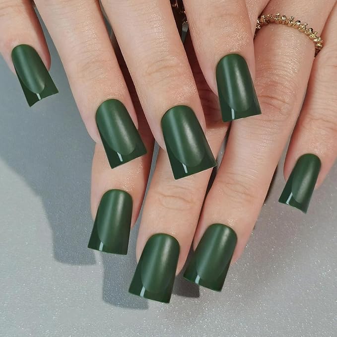 Green French Press on Nails Short Duckbill - Matte Dark Green with Glossy French Tip Fake Nails, Soft Gel Reusable Fall Autumn Acrylic False Stick On Nails for Women Gift, 30PCS 15 Sizes
