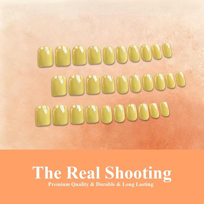 Chrome Light Yellow Press on Nails Short Square, Glazed Short Fake Nails with Sparkle Mirror Design, Shiny Glitter Glue on Nails with Glue, Cute Gel Nail Press ons for Fingernail 30 Pcs