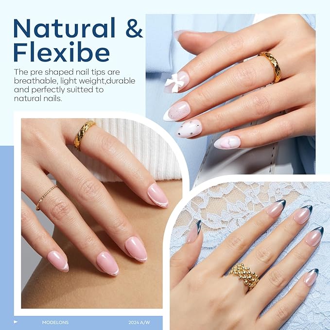 modelones Short Almond Gel Nail Tips Kit, Solid Nail Glue Gel with Portable U V Lamp 216Pcs 12Sizes Pre-Etched Press ons Fake Acrylic Extension Kit DIY Salon Gift for Women