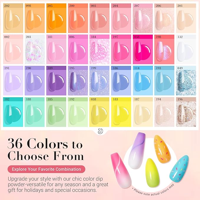 AZUREBEAUTY 170Pcs Dip Powder Nail Kit Starter, 36 Colors Pastel Pink Purple Blue Yellow Dip Powder Liquid Set Spring Summer with Top/Base coat Activator for French Nails Art Gifts