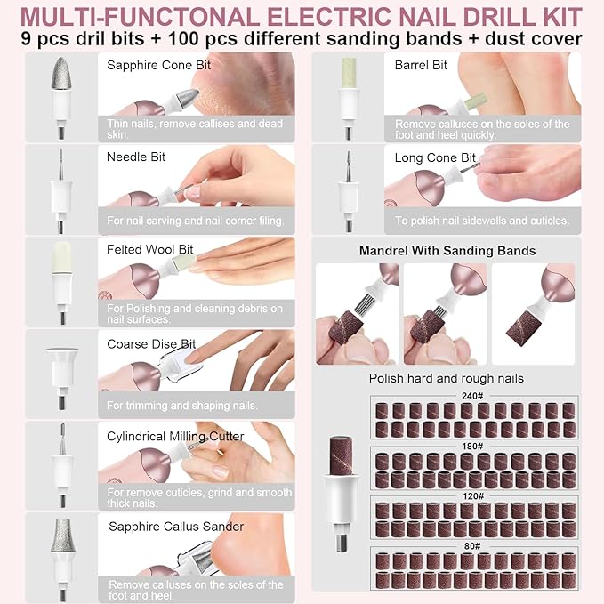 4 Pack 9-in-1 Nail Grinder Kit Salon-Quality Nails with 100 Bits, Cordless Nail File, 5 Adjustable Speeds,Pink