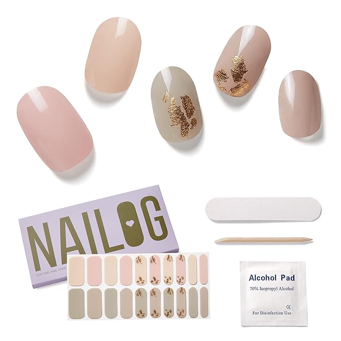 NAILOG Semi Cured Gel Nail Strips, 20Pcs Nude Color Goldleaf Long Lasting Gel Nail Stickers, Salon Quality Easy Apply & Remove Works with Any UV/LED Nail Lamps, Tea Time