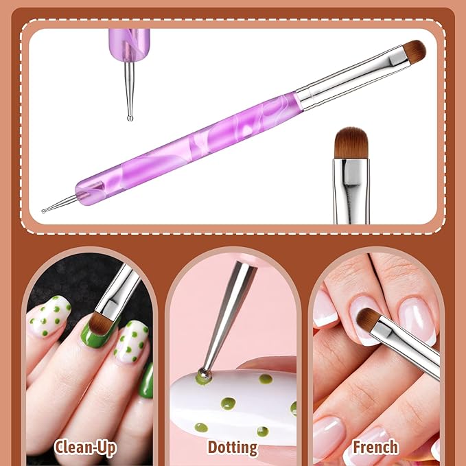 2-Way French Brush for Nails, Acrylic French Tip Brush with Dotting Tool, Double Ended Gel Nail Brushes for Nail Art Design and DIY