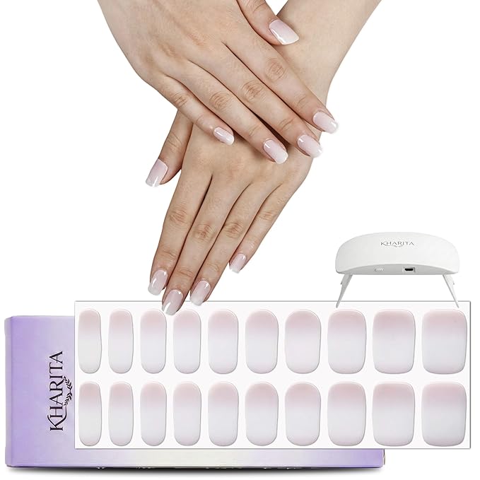 Semi Cured Gel Nail Strips – Real Gel Nail Polish Wraps for Brittle Nails | Waterproof Long Lasting Easy Peel-Off Removal | Hema-Free | 20-Piece Pink Ombre Salon Kit with UV Lamps