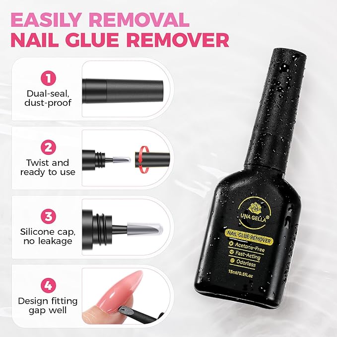 UNA GELLA Nail Glue Remover for Press on Nails 15ml Upgraded Stick & Remove 2 in 1 Acrylic Nails Remover for False Nails Tips Acetone-Free Gentle Gel Nail Remover, Not for Gel Polish Base Coat