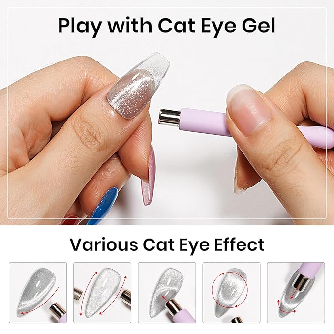 MIZHSE Cat Eye Gel Nail Polish Silver Glitter Cateye with Magnet, Holographic Crystal Shimmer Magnetic U V LED Soak Off Gel Polish for Home DIY Manicure