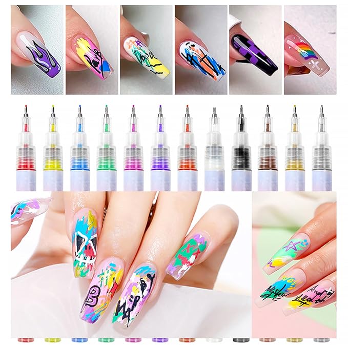 Easter Gifts 12 Colors Nail Art Pens Set, Nail Art Markers Nail Polish Pens for Drawing Painting Point Liner Acrylic Paint Pen Kit Quick-Drying DIY Nail Art Beauty Adorn Manicure Tools