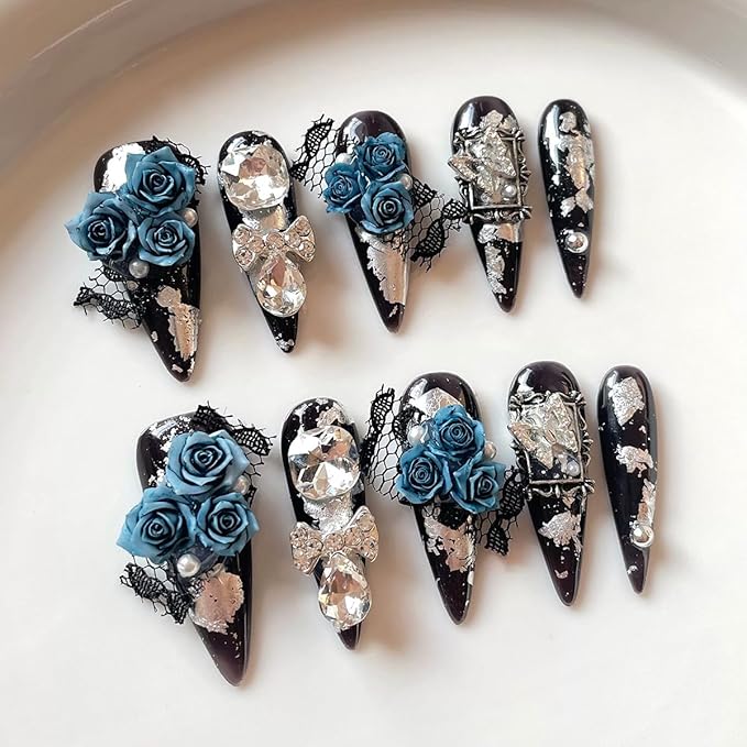 10pcs Handmade Press on Nails Long Stiletto False Nails Black Fake Nails with 3D Blue Flower Rhinestones Bow Designs Sparkly Charm luxury Artificial Nails Reusable for Women (Size M）